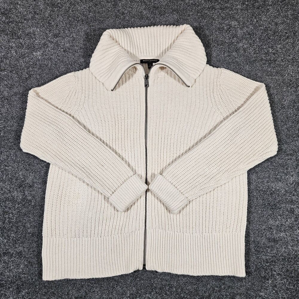 Banana Republic Womens W Chunky Marl Full Zip Sweater Jacket Cream Off White New